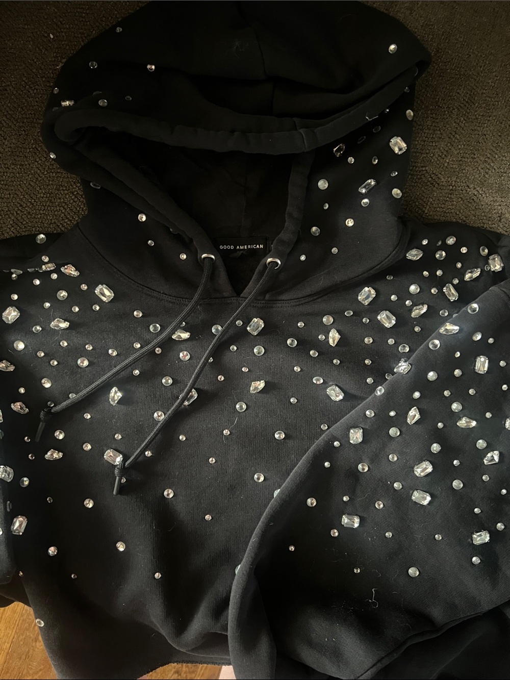 Good American Black Hoodie with Crystal Embellishments